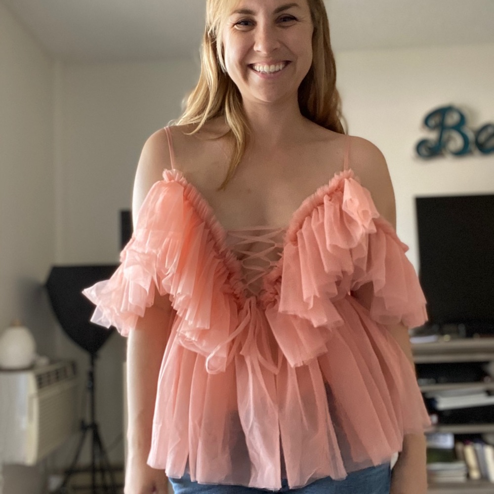 Off shoulder ruffle mesh blouse dusty rose - Picture 2 of 6